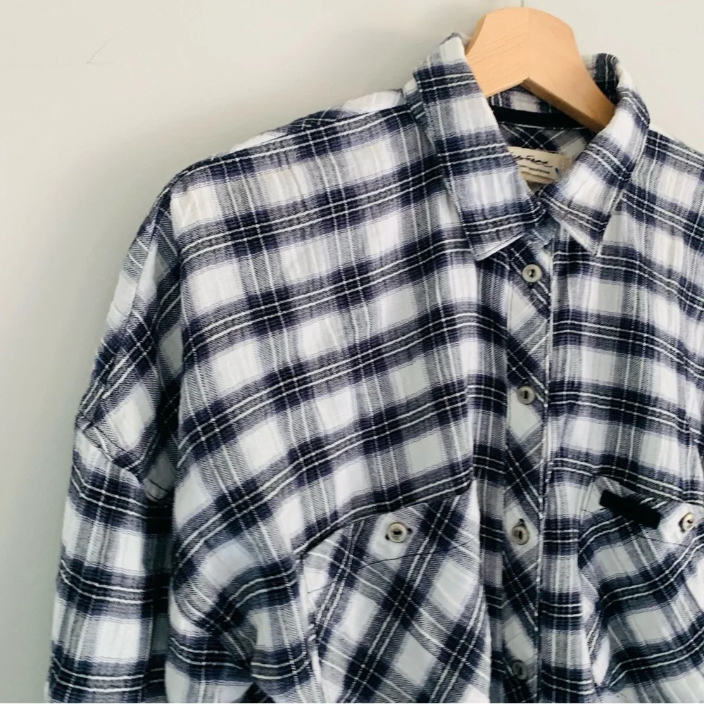 Free People First Bloom Tie Front Plaid Button-Down Top Small Blue Gray Gingham